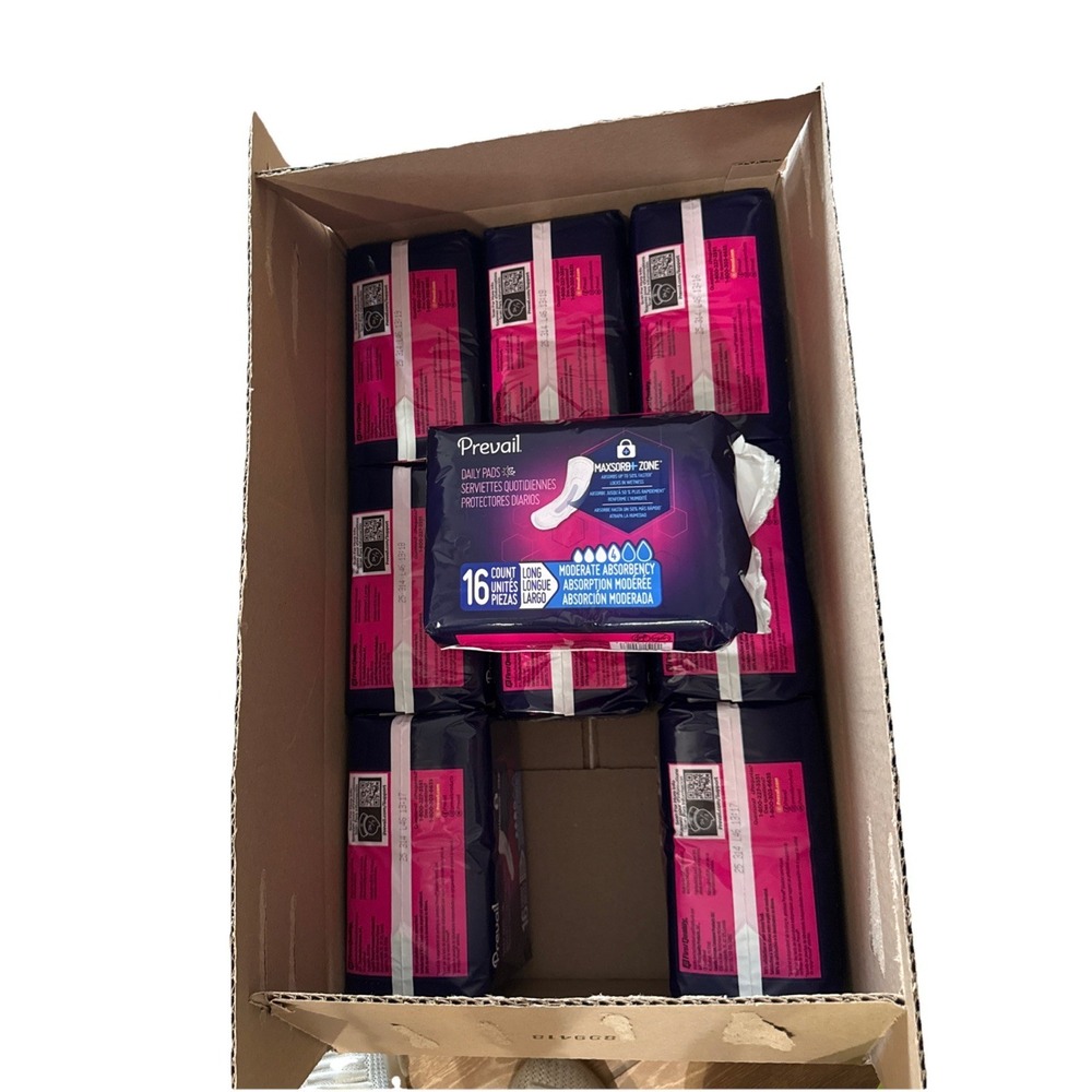 Prevail‎ Daily Pads Moderate Absorbency Long Pads NEW 9 Packs of 16ct =Total 144